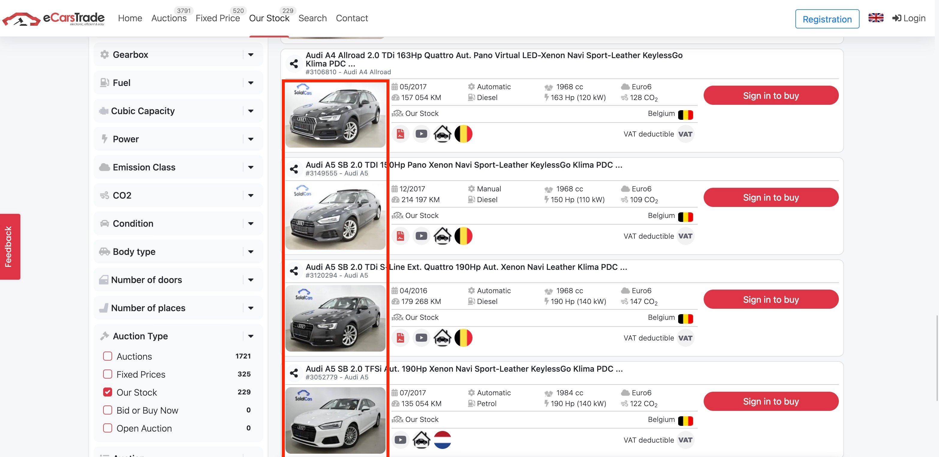 Zrzut ekranu eCarsTrade ze strony internetowej pokazującej zdjęcia samochodów