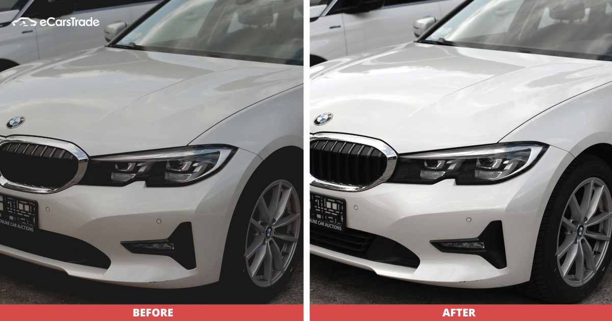 Grafika eCarsTrade przedstawiająca zdjęcie samochodu przed i po edycji